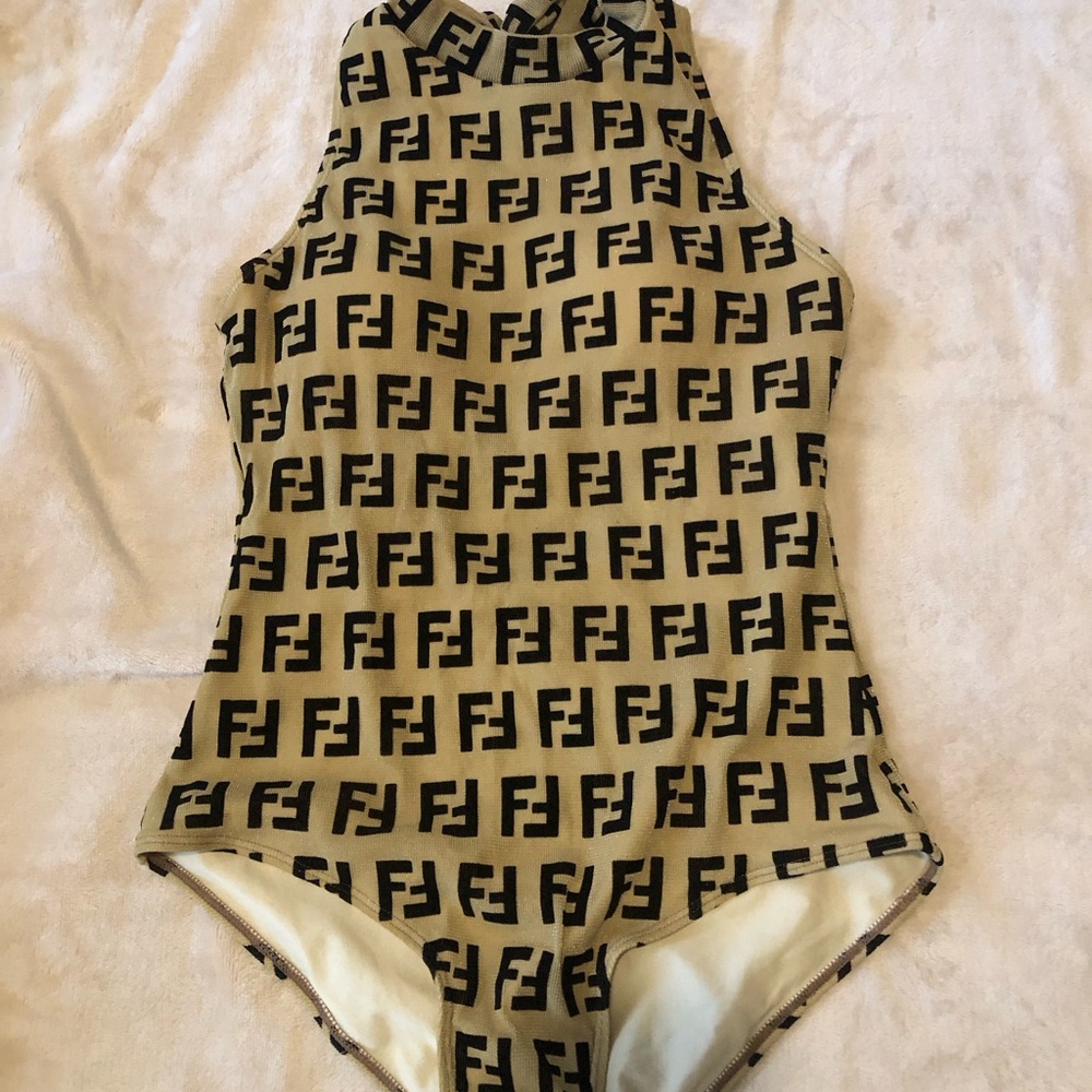 Designer Inspired Tan and Black Logo Bodysuit